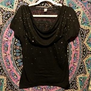 Hybrid Women's Size Large Black Sequined Blouse W Ruffled Neckline & Lace Back